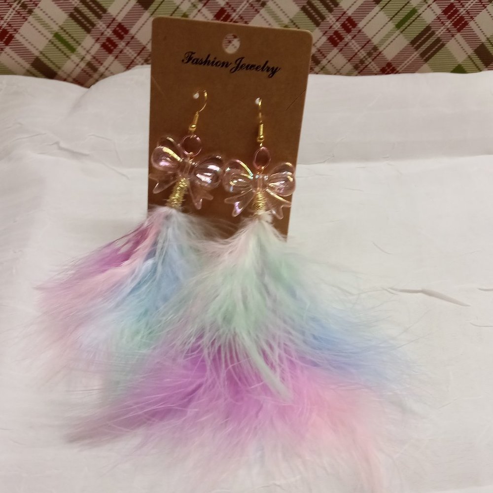 Home Made Handmade Feather & Metal Cat Multi Color Bow Earrings #41